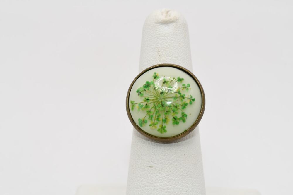 Vintage Real Clover Resin Ring Adjustable Brass Botanical Ring